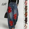 High-Waisted Wide-Leg Pants Women High Waisted Wide Leg Jeans Vintage Floral Print Faux Denim Rise Trousers Trousers Loose Fit Casual with Pockets &