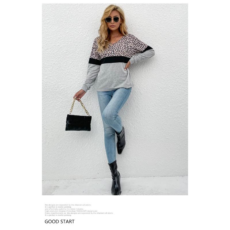 Leopard Print Patchwork Long Sleeved Top Women's V-neck Pullover Casual Hoodie Loose Simple Commut Bottoming Shirt Autumn