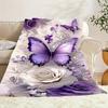 Purple Butterfly Rose Floral Throw Blanket, Soft Cozy Flannel Blanket, Romantic Home Decor Gift for Couch Bed