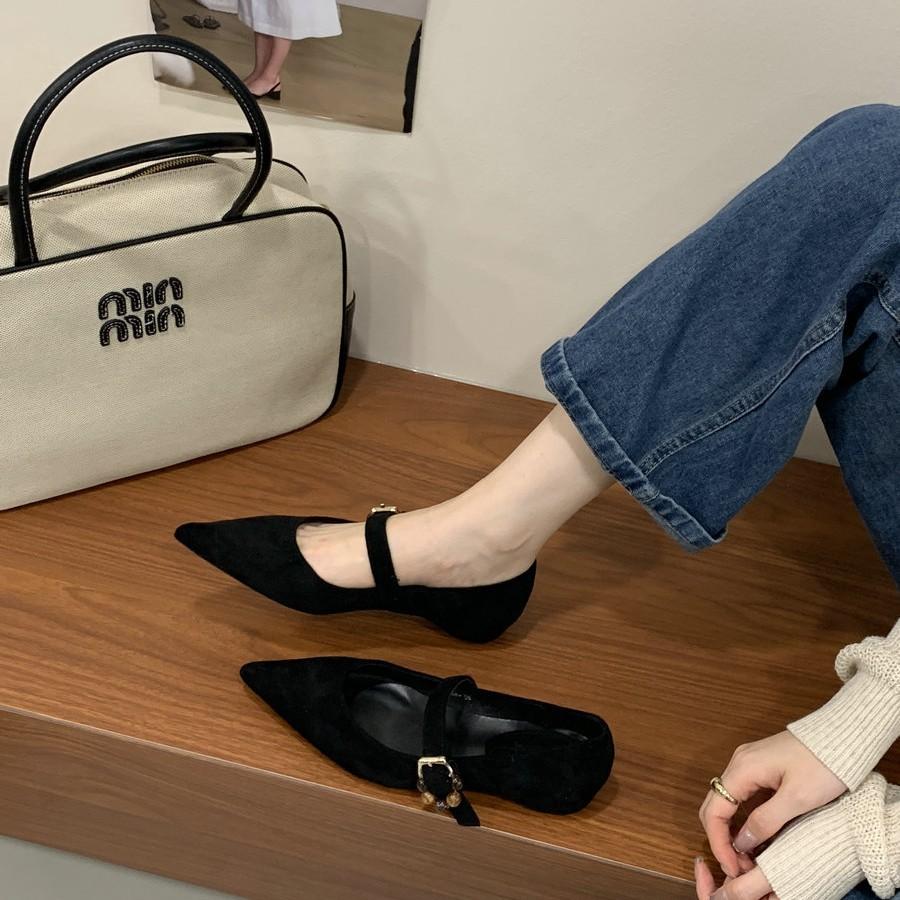 2025 new French heightening shallow mouth pointed suede word with Mary Jane shoes women's gentle and versatile daily commute