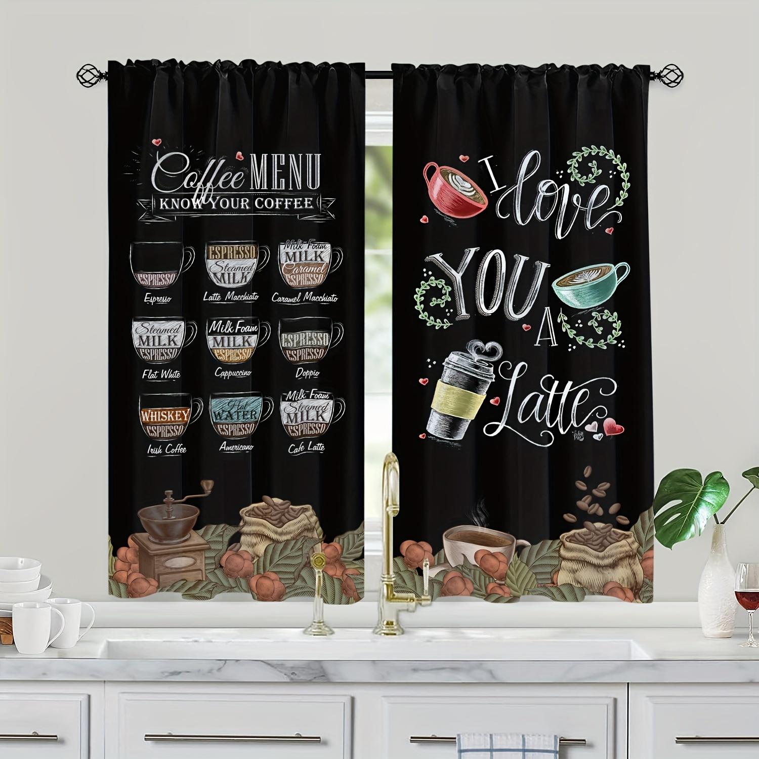 3D Coffee Illustration Coffee Curtain Rod Pocket Style Ebony Hand-painted Coffee Element Printed Light-filter Kitchen Curtain 2x60Wx50H(CM)&Rod Pocket