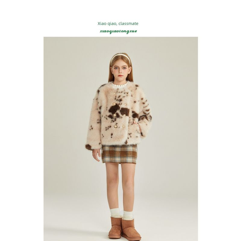 Children's Faux Fur Coat Winter New Style Girls' Faux Fox Fur Cardigan for Older Kids Cow Print Korean Style Faux Mink Fur Top
