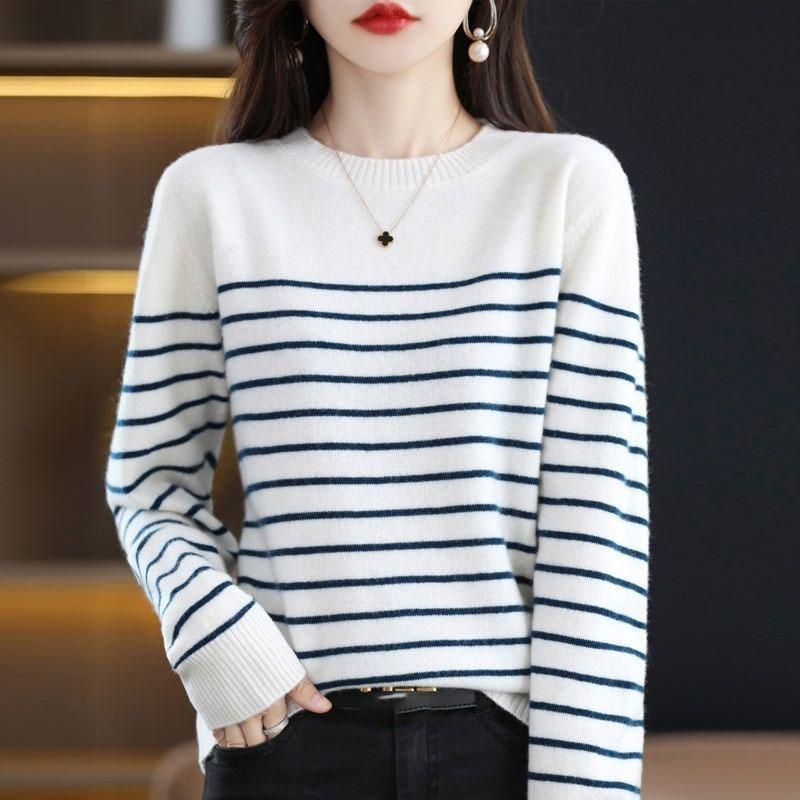 Вязаный свитер женский свитер в полоску, подходящий по цвету, круглый вырез, большой размер, свободный темперамент, длинный рукав, низ, большой размер XXL белый
