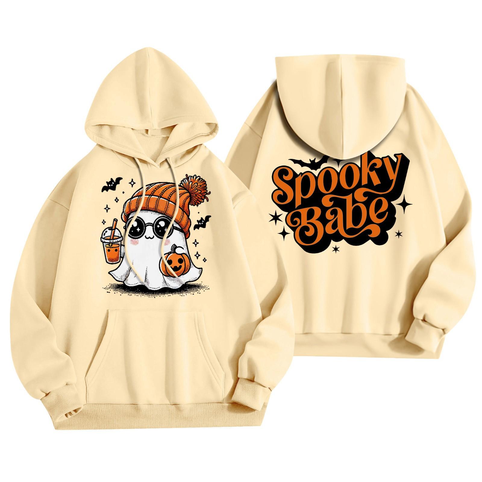 

Женская мода, легкий женский свитер с длинными рукавами и карманами, толстовка с капюшоном на Хэллоуин M бежевый