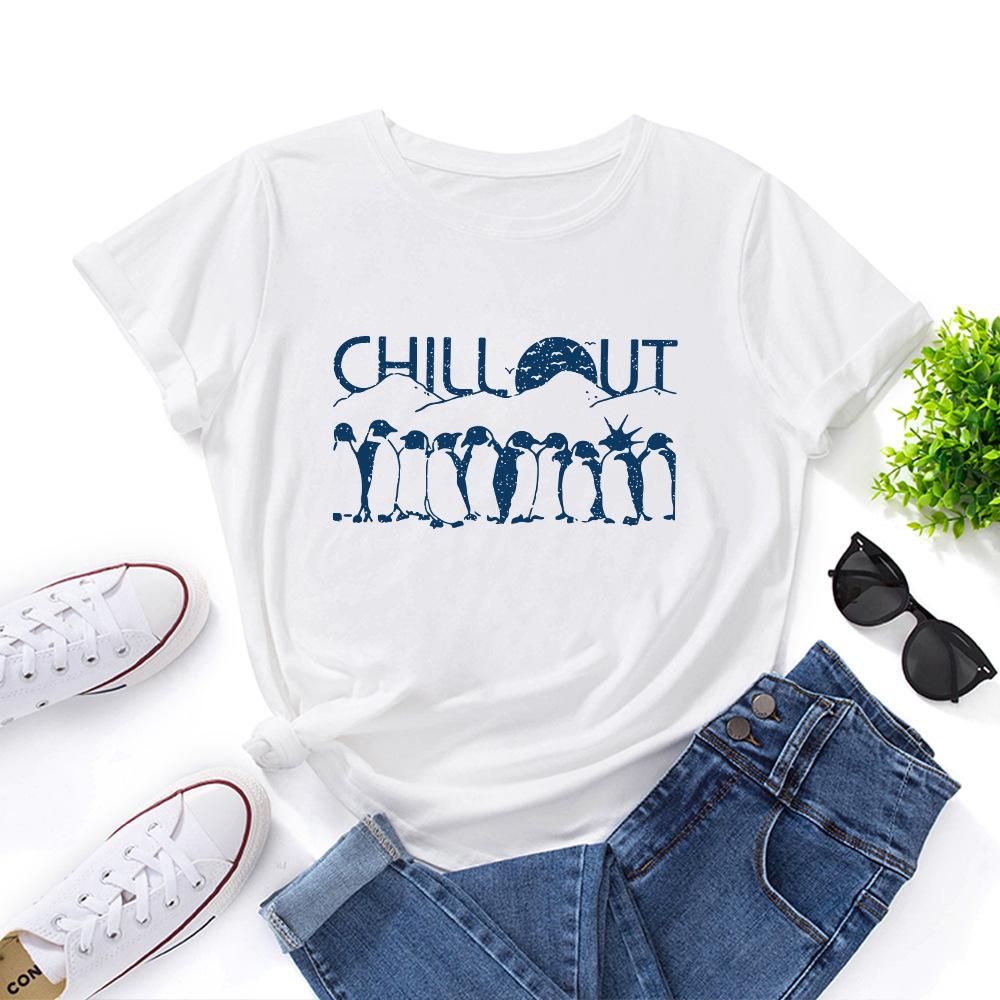 Penguin Cotton T-Shirt Short Sleeve Round Neck Women 2d Print Tops