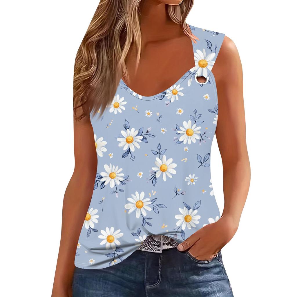 Damski top bez rękawów z dekoltem w serek, podstawowy, nadrukowany, swobodny, swobodny, bez rękawów, z głębokim wycięciem z boku, dla kobiet