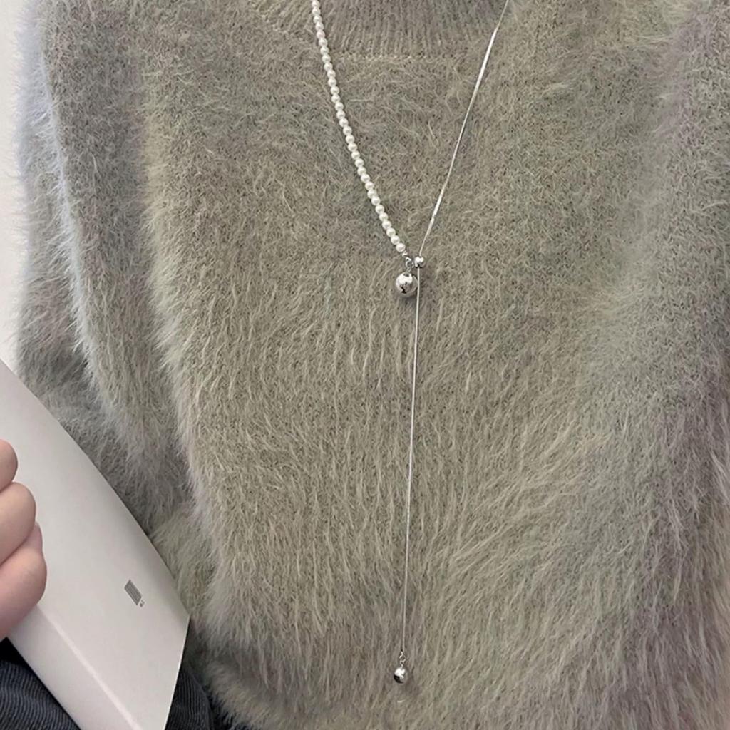 Naszyjnik Długi Naszyjnik Perła Popularny Złoty Srebrny Hipoalergiczny Prosty i Piękny [Moonstan] Damski (Srebro)