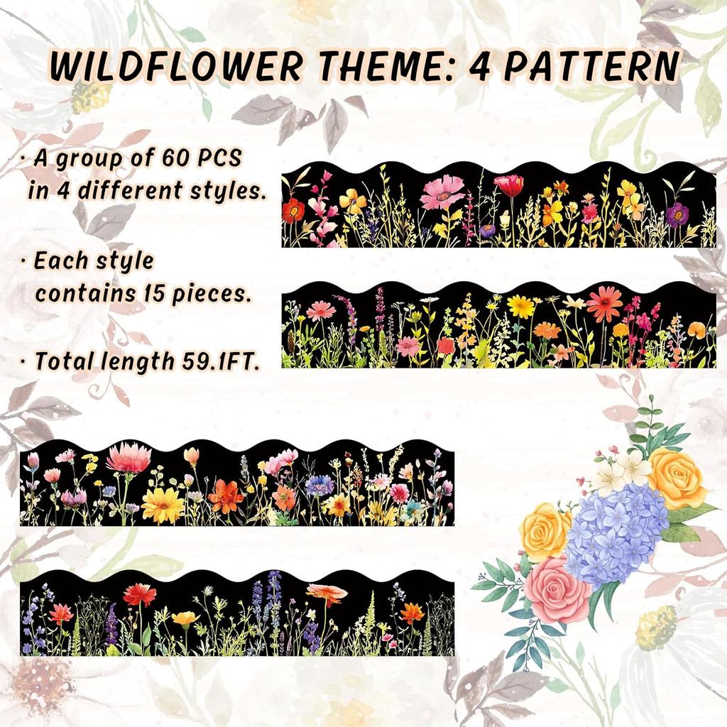 60 Pcs Floral Bulletin Board Borders Black Wild Flower Scalloped Self-Adhesive Border Trim Sticker Decals for Home Classroom Spring Party Wall
