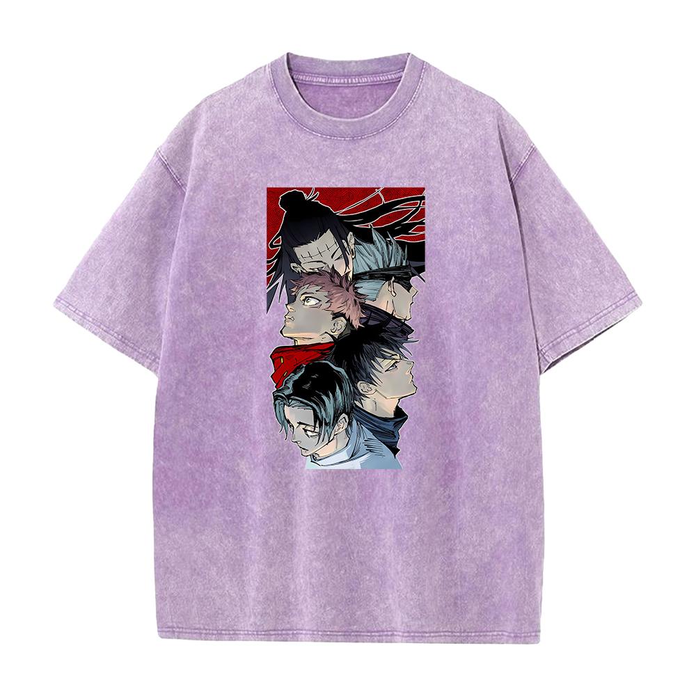 Anime Jujutsu Kaisen Itadori Yuji Fushiguro Megumi Print T-shirt Men Casual Tshirts Vintage Washed Tee Harajuku Cotton T Shirt