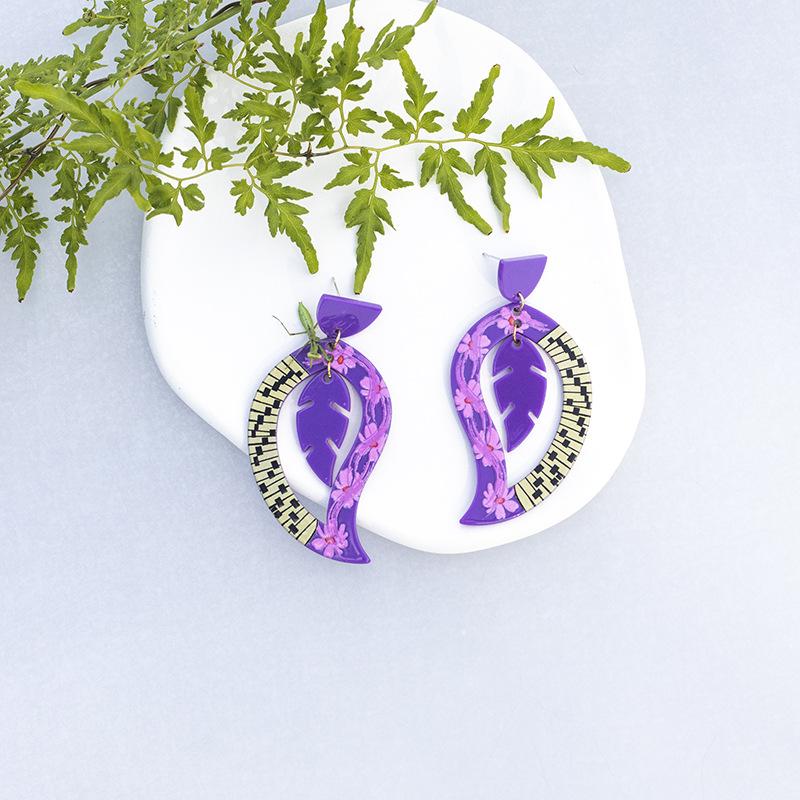 Boucles d'oreilles Acryliques Mode Feuille de Plante Violette Pour Femmes