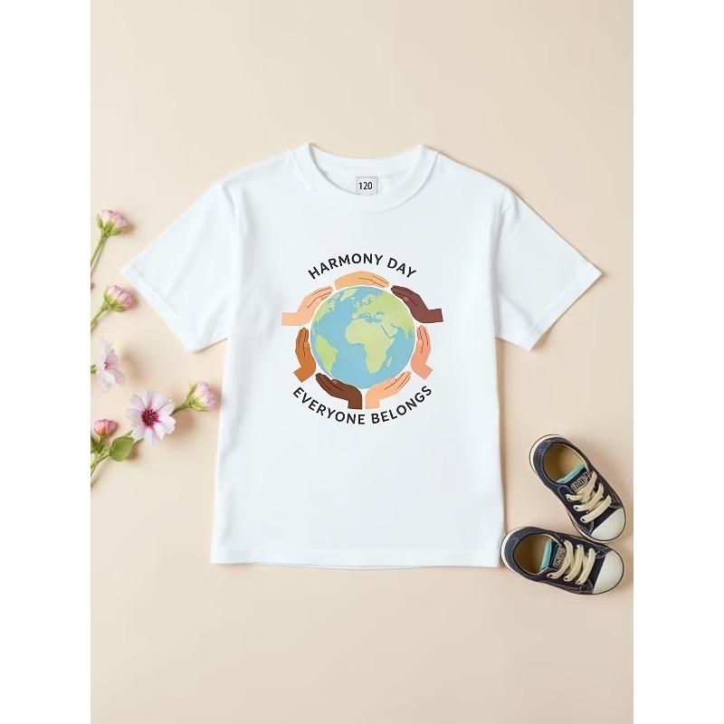 

European sizes Children s Short-Sleeve T-Shirt, Earth Pattern Top for Boys and Girls, Summer Crew Neck Harmony Theme Kids Clothing 98cm белый