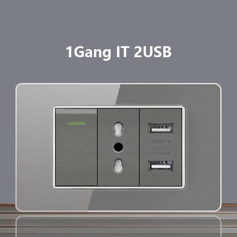 Italy Chile Socket with USB Smart Type-c 20W Fast Charging Glass Wall Electric Light Switch,Thai US Brazil Dual USB Power Socket