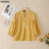 VONDA Summer Women V-Neck 3/4 Sleeve Embroidery Hem Casual Blouse