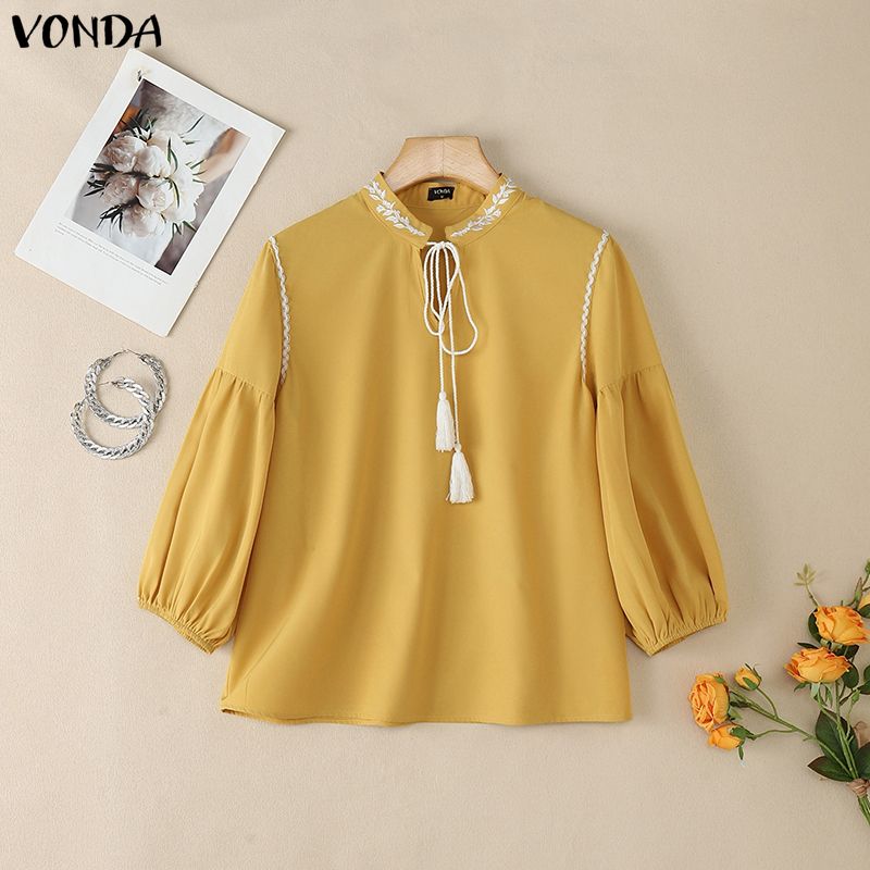 VONDA Summer Women V-Neck 3/4 Sleeve Embroidery Hem Casual Blouse