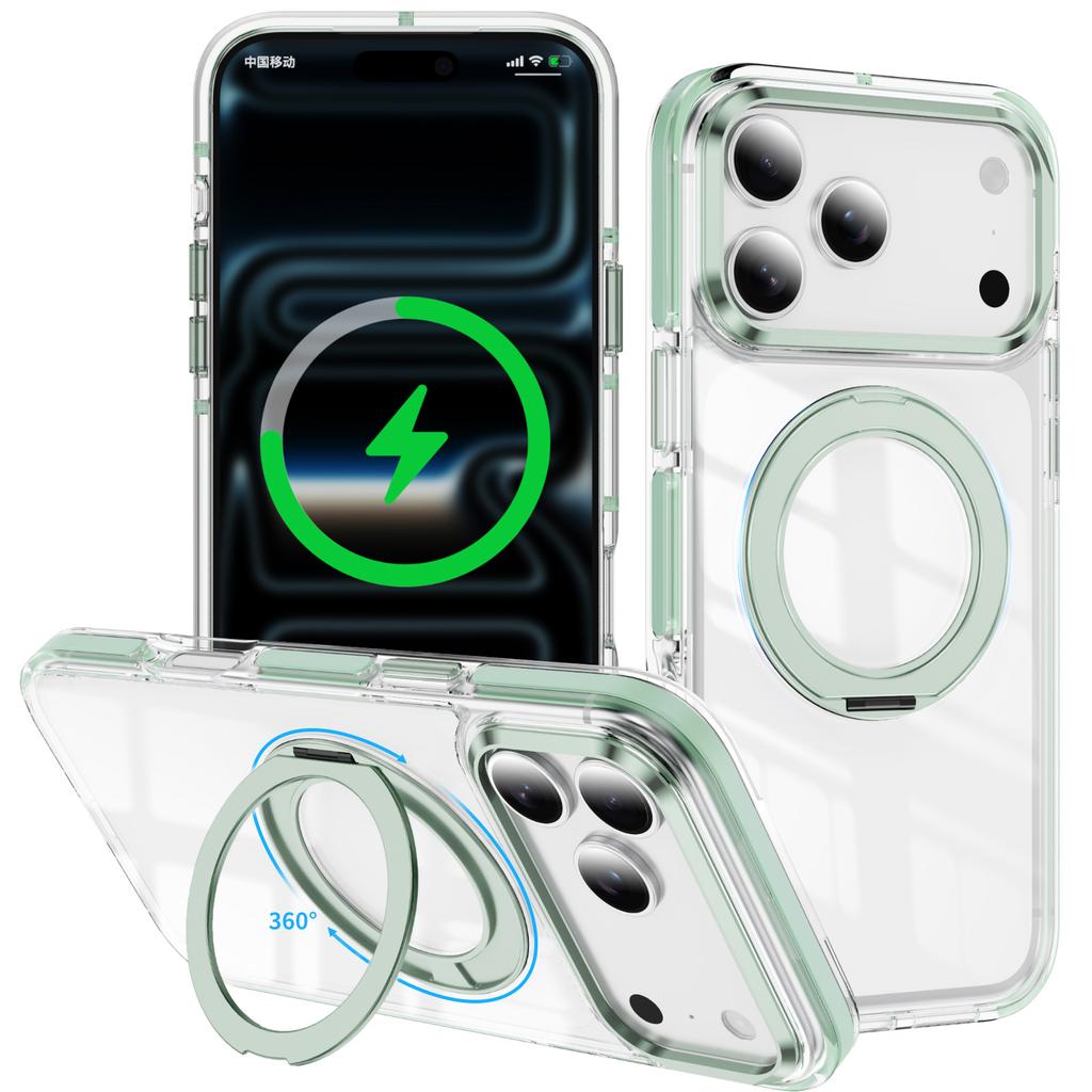 For iPhone 17 Pro Case Compatible with MagSafe Rotating Kickstand Shockproof TPU PC Acrylic Clear Phone Back Cover