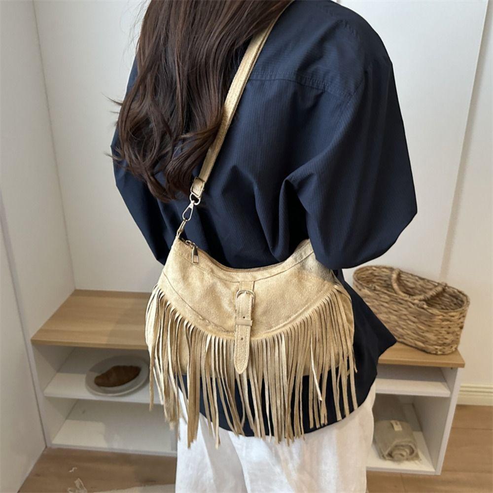 Bohemian Style Suede Shoulder Bag Retro Ethnic Style Handbag Fashion Tassel Crossbody Bag  Travel