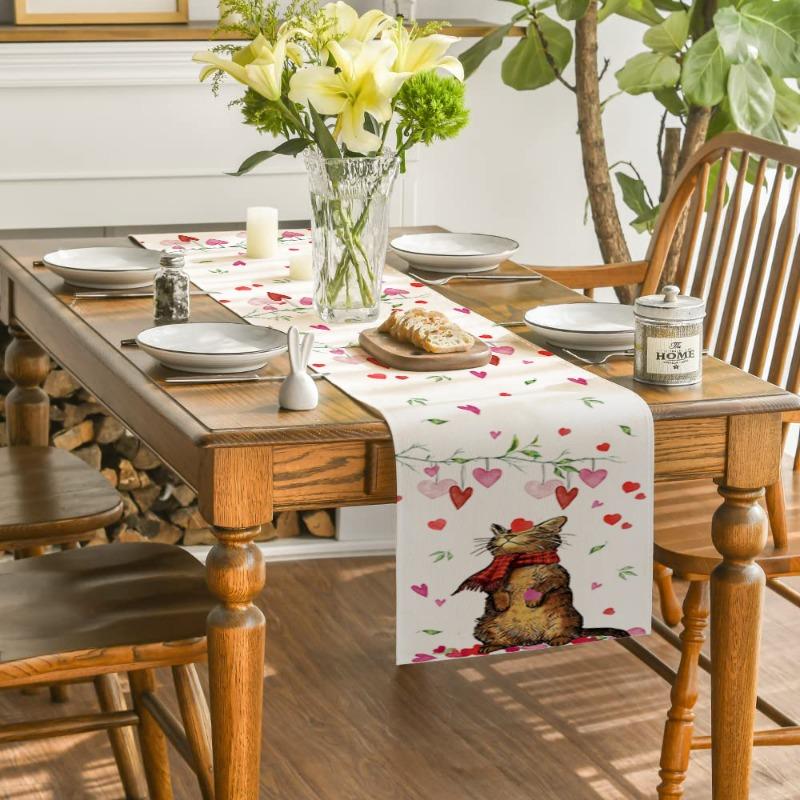Valentine's Day Table Flag Cat Branch Heart Pattern Table Decoration Indoor Outdoor Home Party Decoration