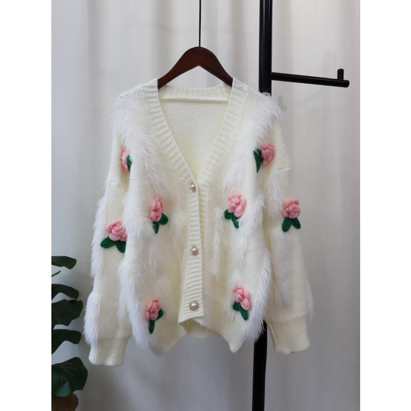 Imitation Mink Fleece Sweater Jacket Women's Autumn and Winter New Loose Three-dimensional Flower Soft Waxy Gentle Wind Knitted Cardigan