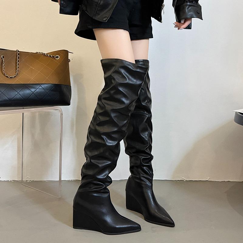 Nightclub Pointed Toe Pleated Women Over the Knee High Boots Wedges High Heels Party Shoes Winter Ladies Thigh High Booties