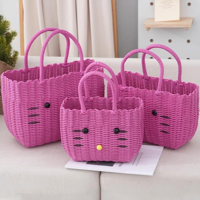 Cute Cat PVC Woven Bag Large Capacity Organizer Bath Shopping Basket Portable Baskets with Handles Beach Bag Vegetable Basket