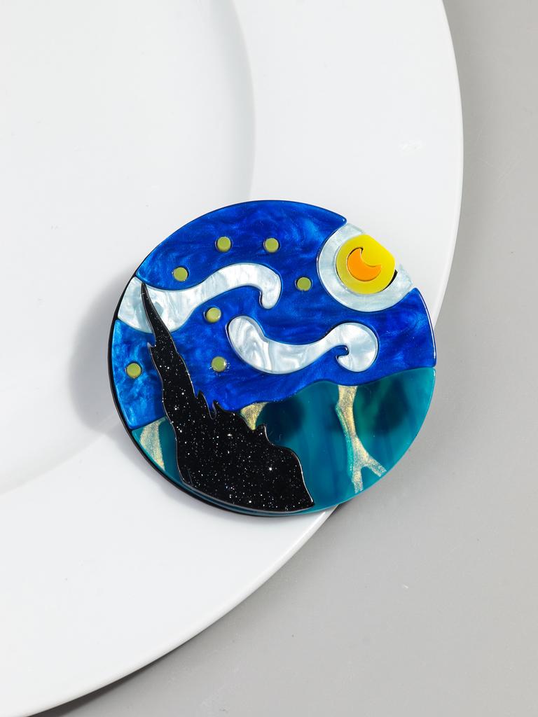 New World Famous Paintings The Starry Night Acrylic Brooch Round Circle Iridescent Brooches Pins for Women Clothing Accessories