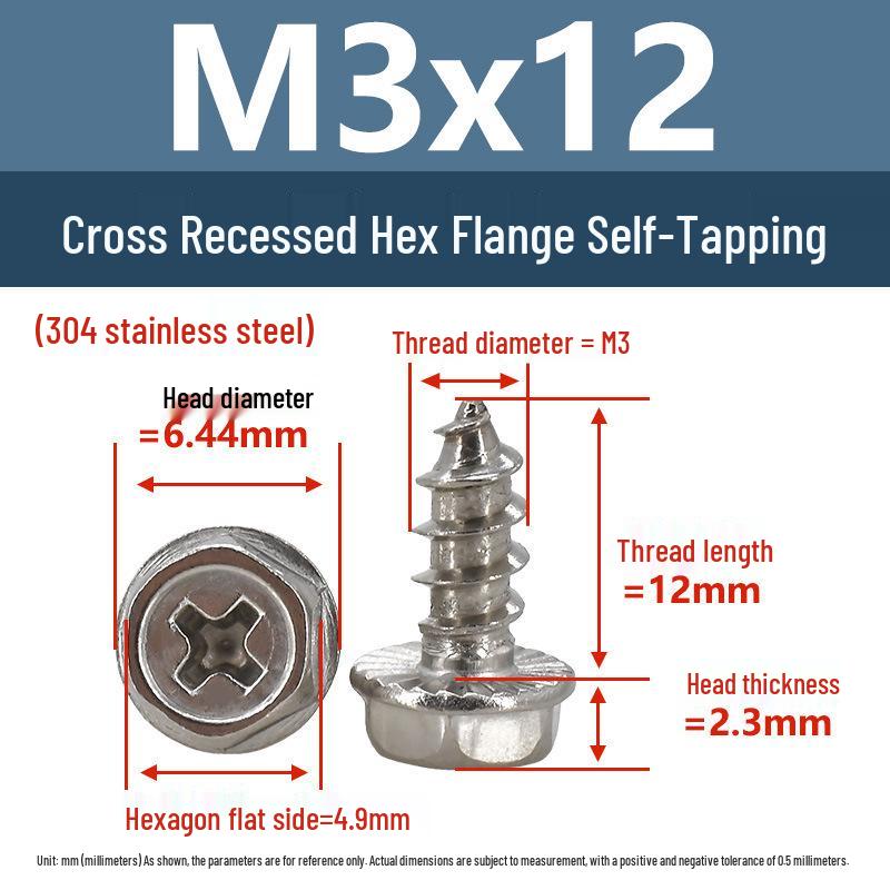 Yigu Stainless Steel Phillips Hex Head Self-Tapping Screws with Washer, Anti-Slip, Pointed Tip, M3-M6