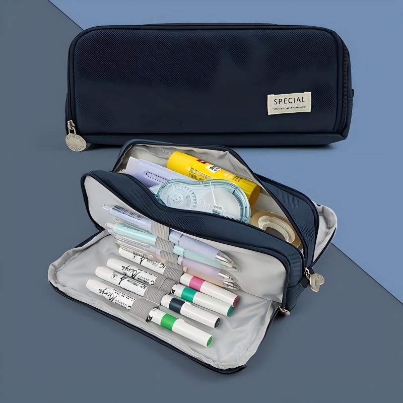 Pencil Case Large Capacity Storage Bag 3 Compartment Pouch Double Side Opened Student Stationery Box Desk Organizer Stain Resistant Stationery Bags