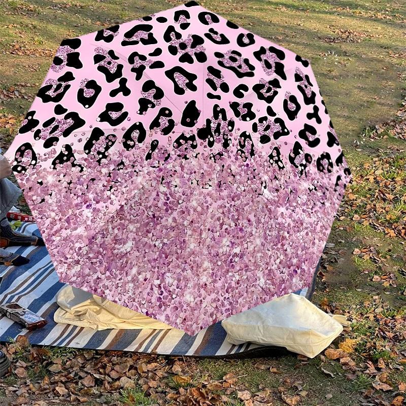 1 Stück Leopardendruck Glitzer-Regenschirm - 9 Speichen verstärkt, Automatisches Öffnen, Leicht & Langlebig, Niedliches Modeaccessoire für Draußen - P0769
