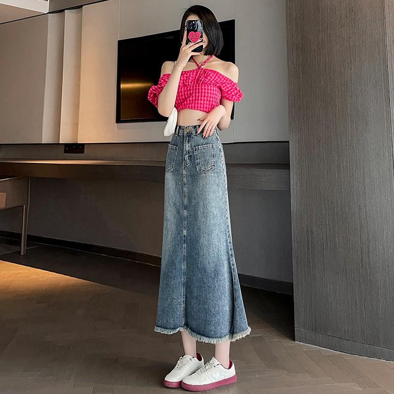 Womens Denim Midi Skirt A-Line Plus Size High Waist Fish Tail Pear Shape Body Casual Office Wear