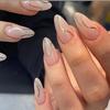 Shiny Gold Wave Pattern Almond Pink Nails - 24 Pcs Wearable Nail Art