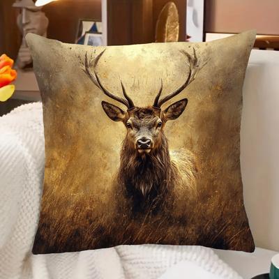 1pc Short Plush Polyester Throw Pillow Cover 45.72x45.72 Cm - Contemporary Symbolist Art Deer Stag Print, Zipper Closure, Hand Wash Only, Versatile Ho