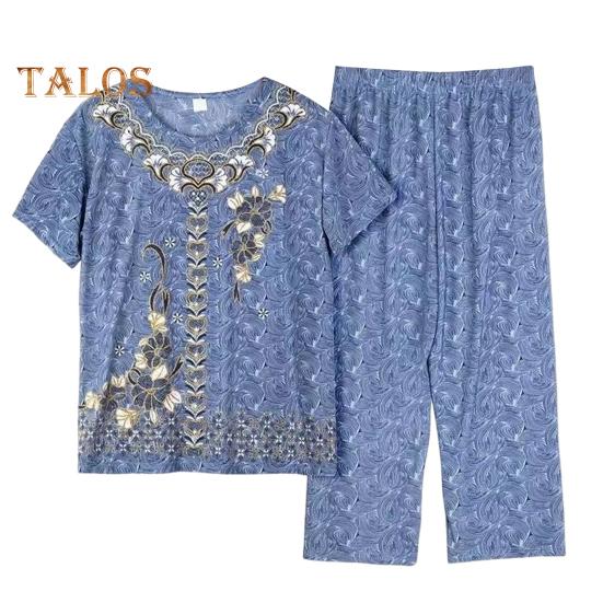 2 Pcs/Set Mid-aged Women Pajamas Set O Neck Embroidery Short Sleeve Plus Size Elastic Waist Pleated Loose Wide Leg Mother Grandmother Sleepwear