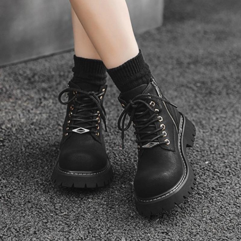 Fashion Womens British Wind Fad Casual Boots No Slip Soft Bottom Height Increased Boots Womens Outdoor Rhubarb Tooling Boots Botas Mujer