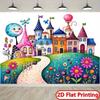 2D Magical Kingdom Backdrop, Cute Colorful Castle and Garden Illustration Background