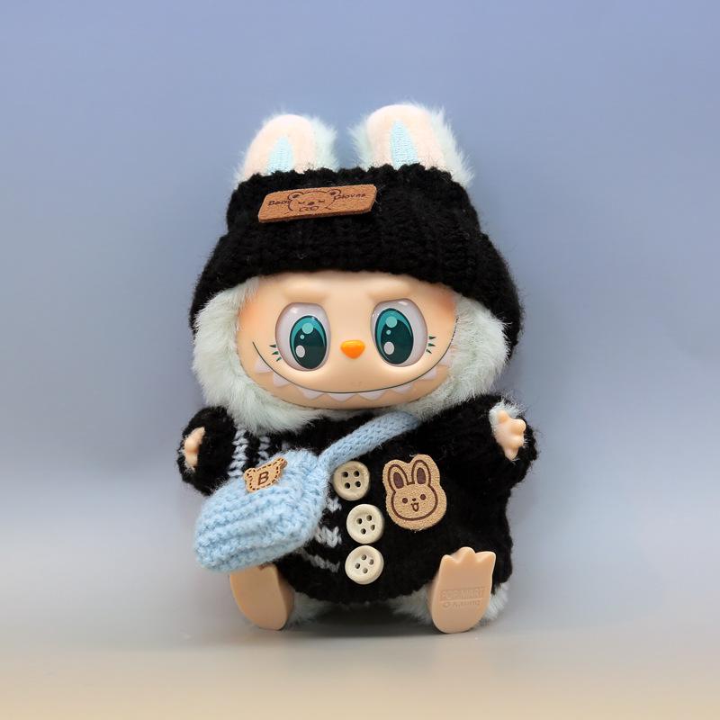 Labubu Doll Outfit Set: Knit Sweater, Hat, Button Charm, Small Bag, Vinyl Doll Clothes Replacement
