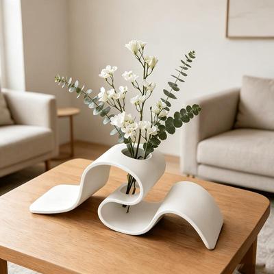 Minimalist White Plastic Flower Vase Curved Wavy Design Easy Clean Shatterproof Vase for Living Room Entryway Decor