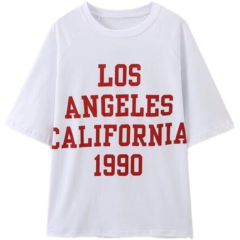 Fashion Style 2024 Summer Women's All-Matching Round Neck Short Sleeve Loose Contrast Color Letter Printing Cotton T-shirt 0085315