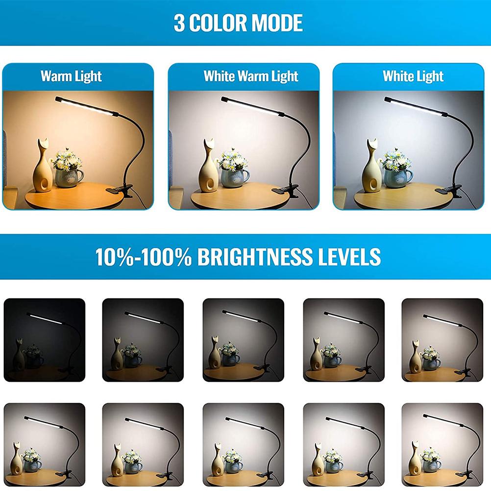 Desk Lamp Clip On Light USB LED Table Lamp 360 Degrees Flexible Gooseneck Clamp Desk Lamp with 3 Color