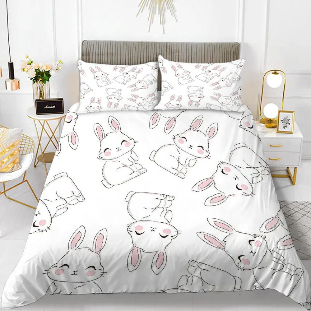 Rabbit Duvet Cover Set Cartoon Animals Theme 3D Print Kawaii Cute Pink King Queen Size For Boy Girls Women Polyester Bedding Set