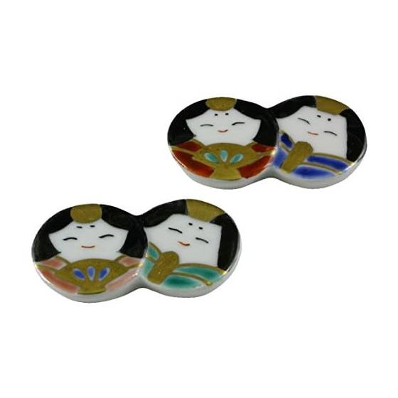 Kyo-yaki Kiyomizu-yaki Etsumi Chopstick Rests, Pair, Hina Madoka heu529. Chopstick rests featuring a charmingly drawn Emperor and Empress, perfect
