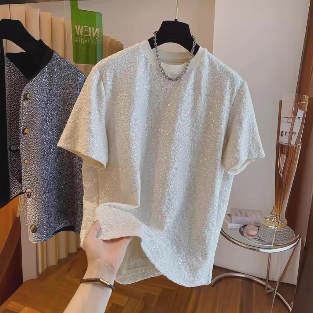 Men's Chic Sequin Silk T-Shirt - European Loose-Fit Short Sleeve Design