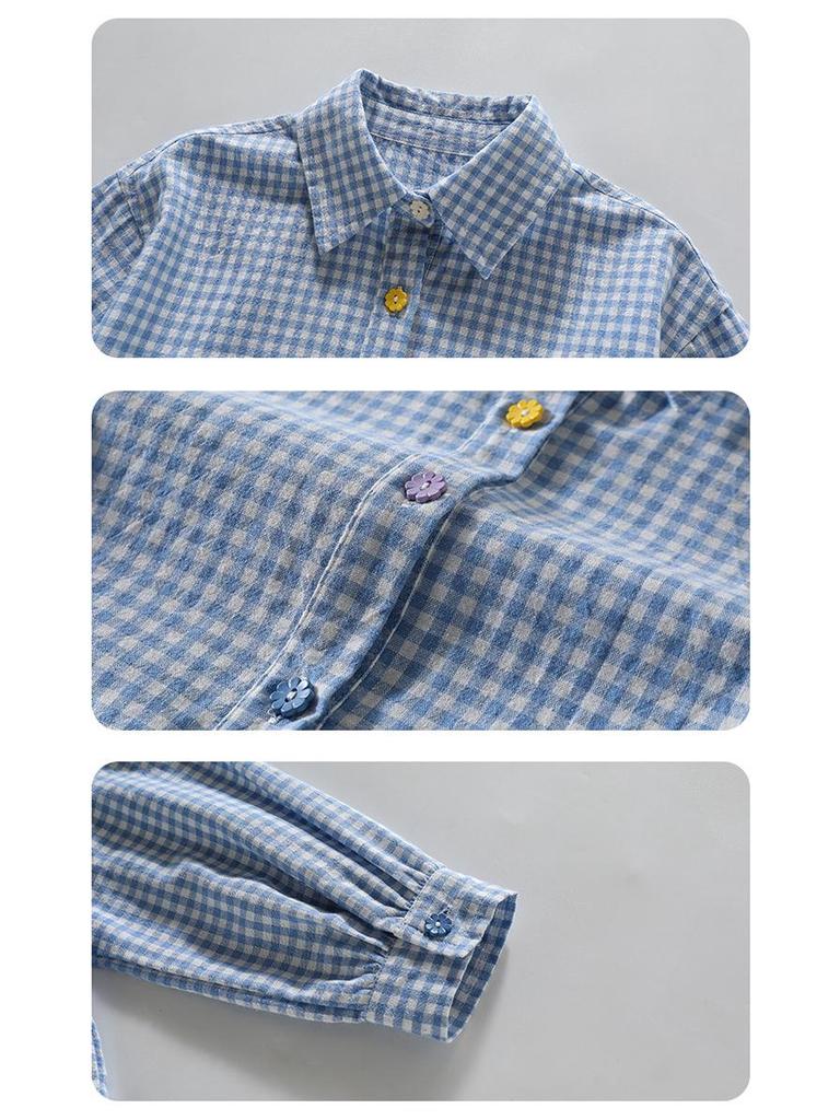 Girls' Floral Plaid Shirt - Spring/Autumn 2025 Fashion for Children
