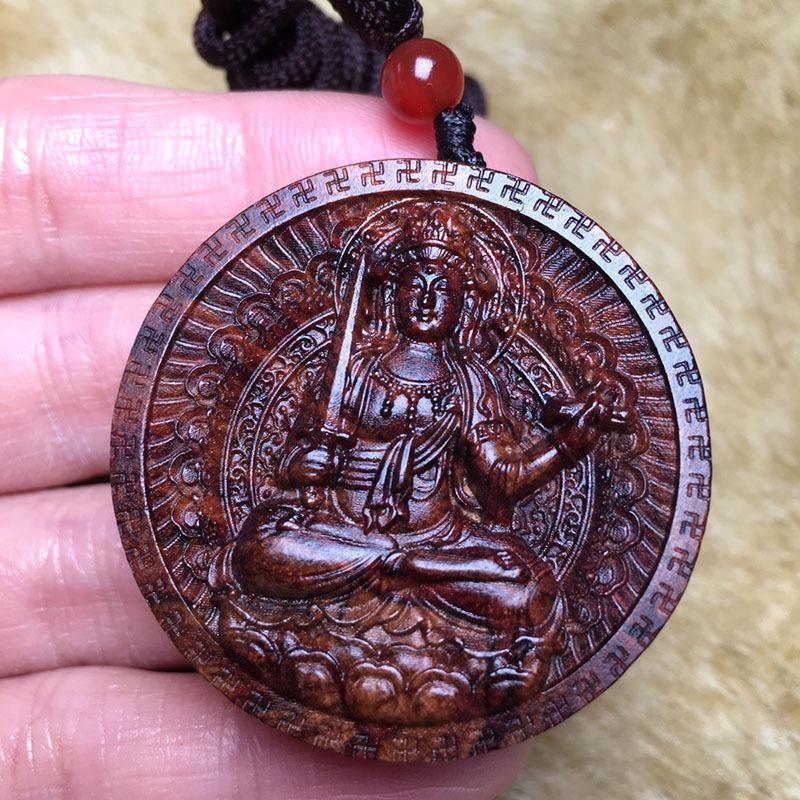 Hainan Huanghuali Wood Pendant: Manjushri, Samantabhadra, Mahasthamaprapta, Acalanatha & Thousand-armed Guan Yin Birth Year Amulet