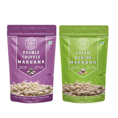 Rooted Delights Double Truffle Cream and Onion & Roasted Makhana | Pack of 2 (35g Each) Healthy Puffed Snacks | Low Calorie | Gluten Free | Zero