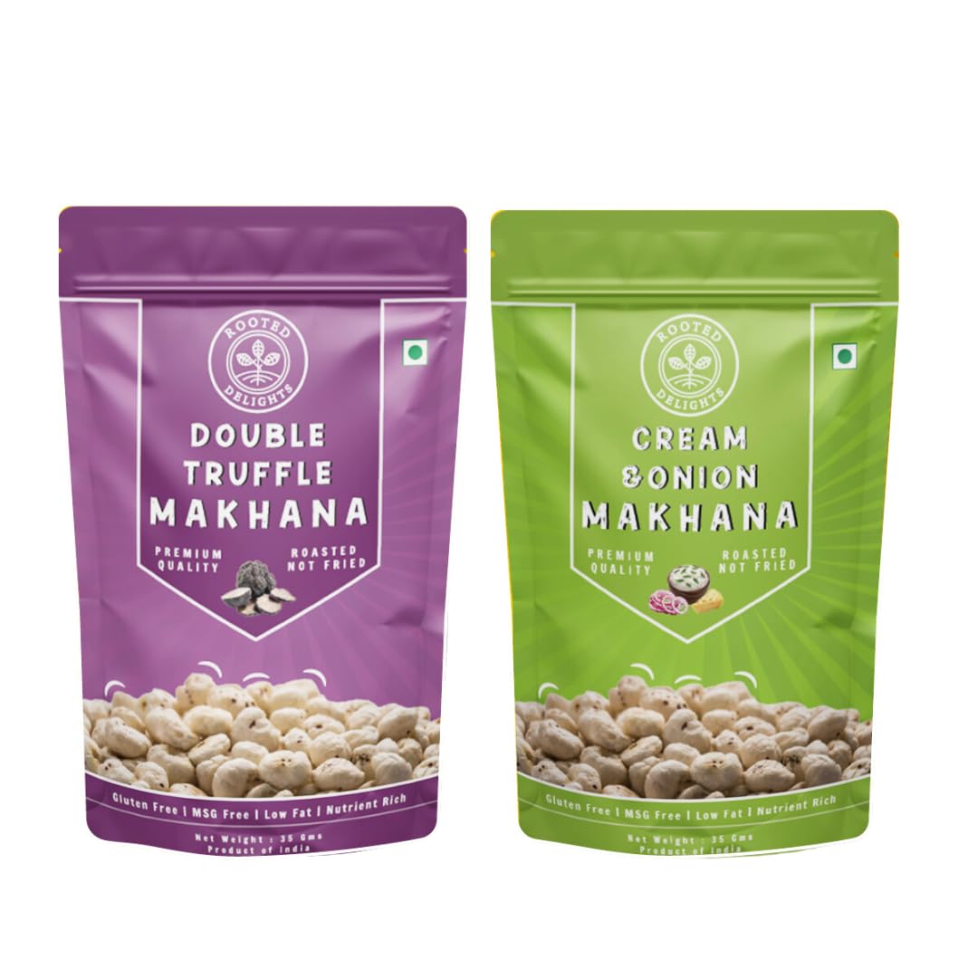 

Rooted Delights Double Truffle Cream and Onion & Roasted Makhana | Pack of 2 (35g each) Healthy Puffed Snacks | Low Calorie | Gluten Free | Zero