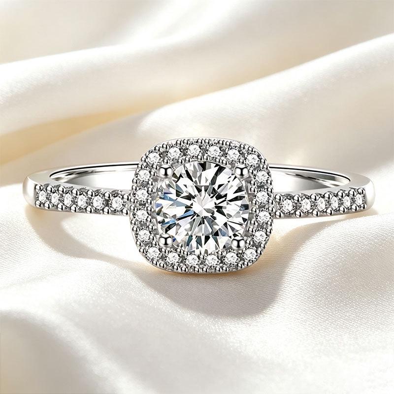 Women's S925 Sterling Silver Square Paved Cushion Shape Double Row Diamond Engagement Ring