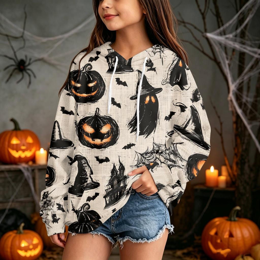 Children's Casual Hoodie with Halloween Print Pullover for Holiday Parties