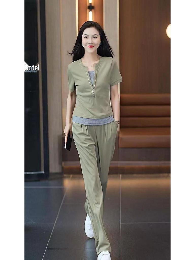 Women's Summer 2025 Fashion: Casual Short Sleeve Two-Piece Set with Wide Leg Pants