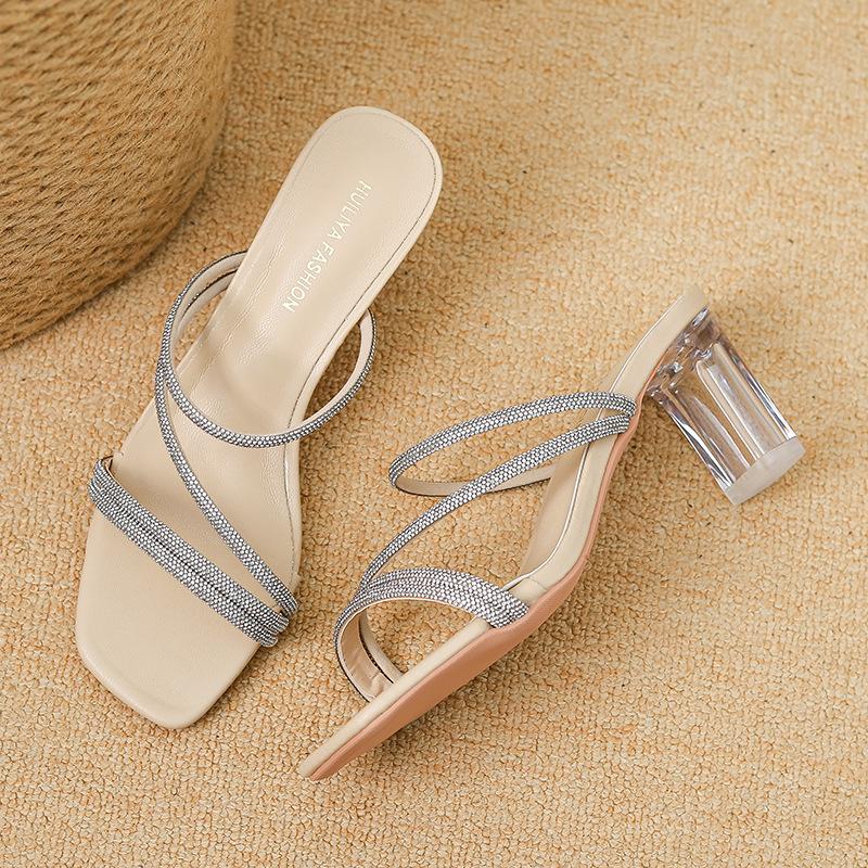 

X 2026-6 хрустальные туфли на высоком каблуке крутые шлепанцы женские 2025 лето новинка стразы фея ветер толстый каблук сандалии 40 хаки