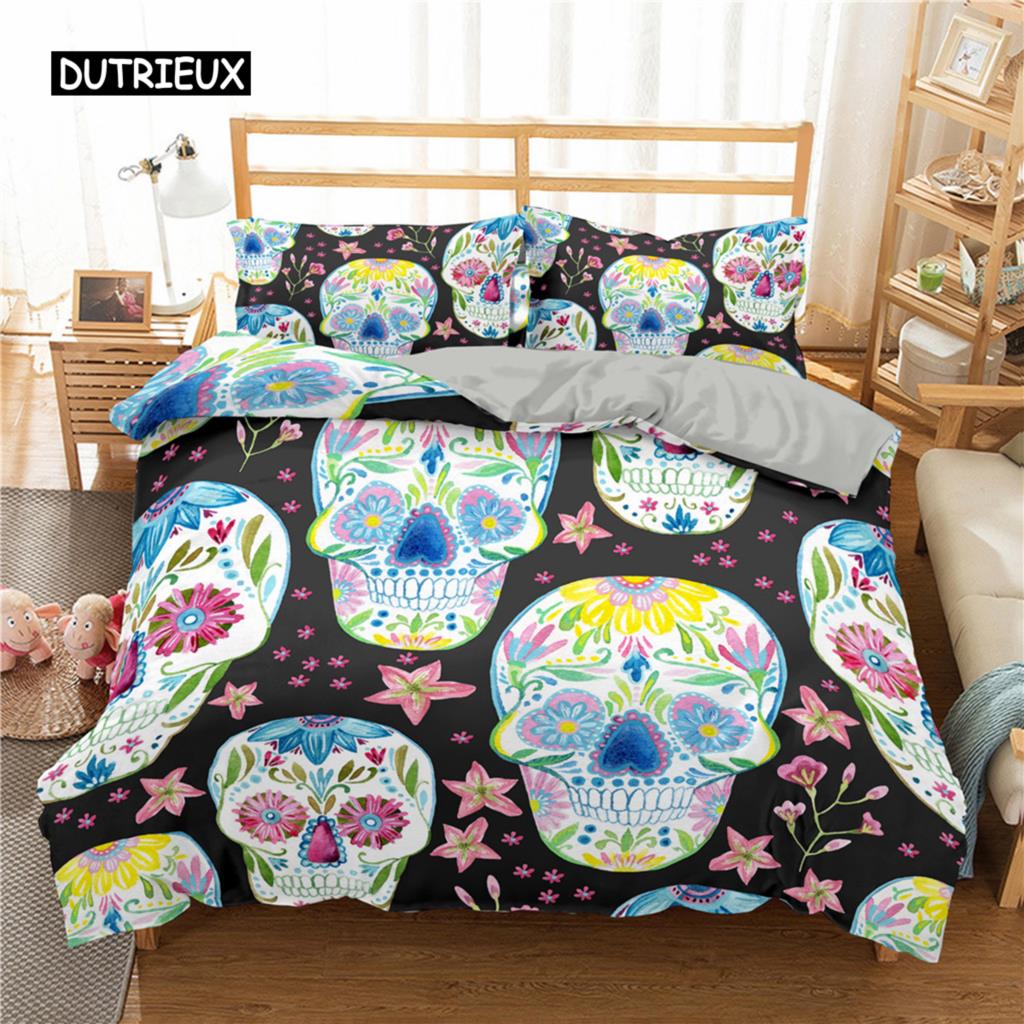 Sugar Skull King Queen Duvet Cover Cartoon Skeleton Blue Car Bedding Set for Teens Adults Halloween Day of The Dead Quilt Cover